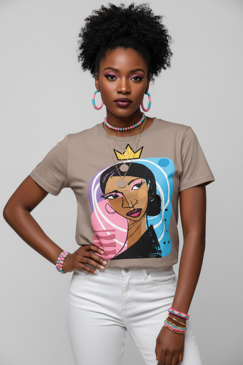 Woman wearing a t-shirt with a colorful graphic design on a plain background