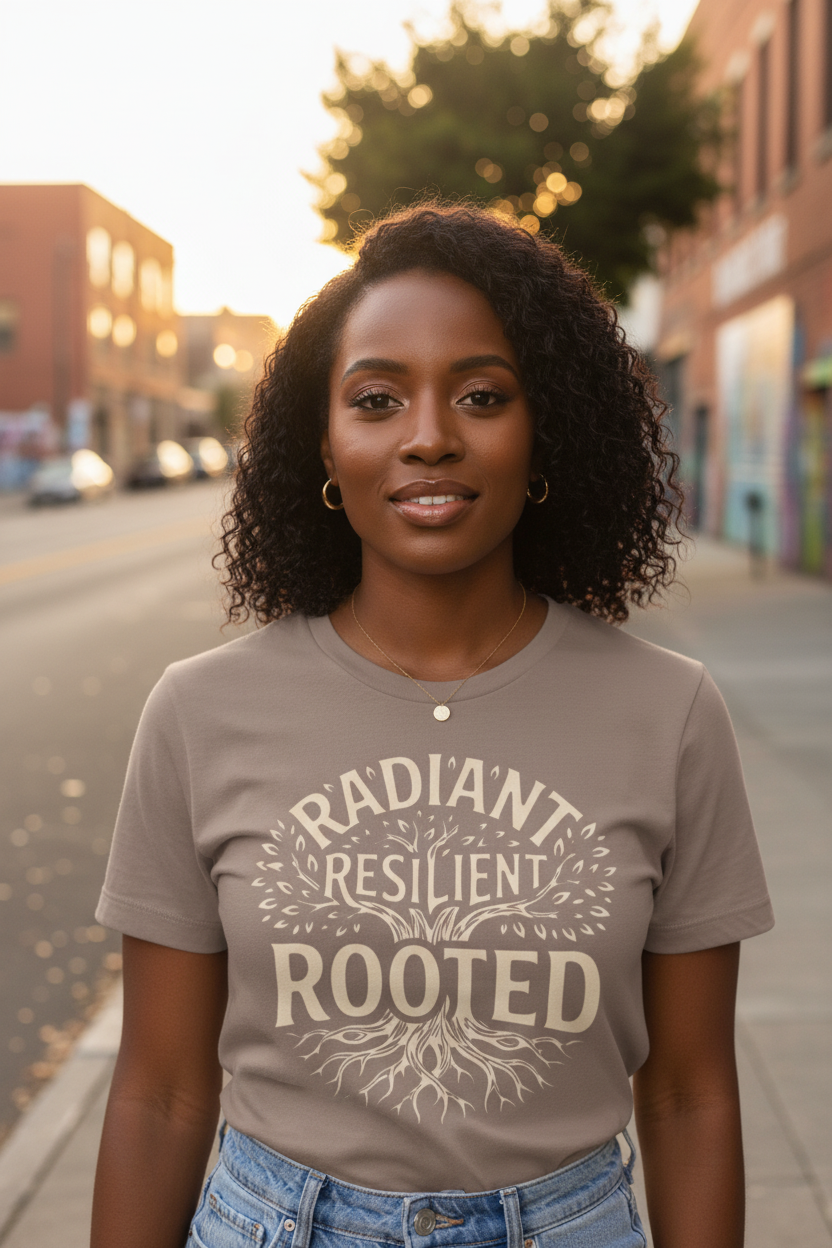 A woman with curly black hair stands on a city street at sunset wearing a taupe graphic t-shirt with the words 'RADIANT RESILIENT ROOTED' printed in cream around a tree root design, paired with blue jeans.