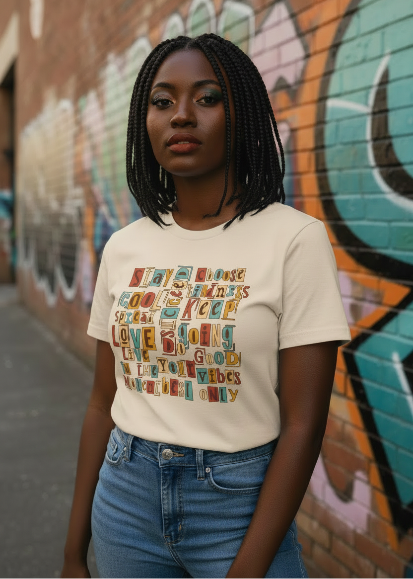 A woman with braided hair wearing a cream-colored graphic t-shirt with colorful text and blue jeans, standing in front of a graffiti-covered brick wall.