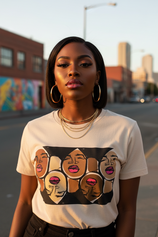A woman stands on a city street wearing a cream-colored graphic t-shirt with a stylized illustration of multiple faces with pink lips, paired with black pants and gold hoop earrings.