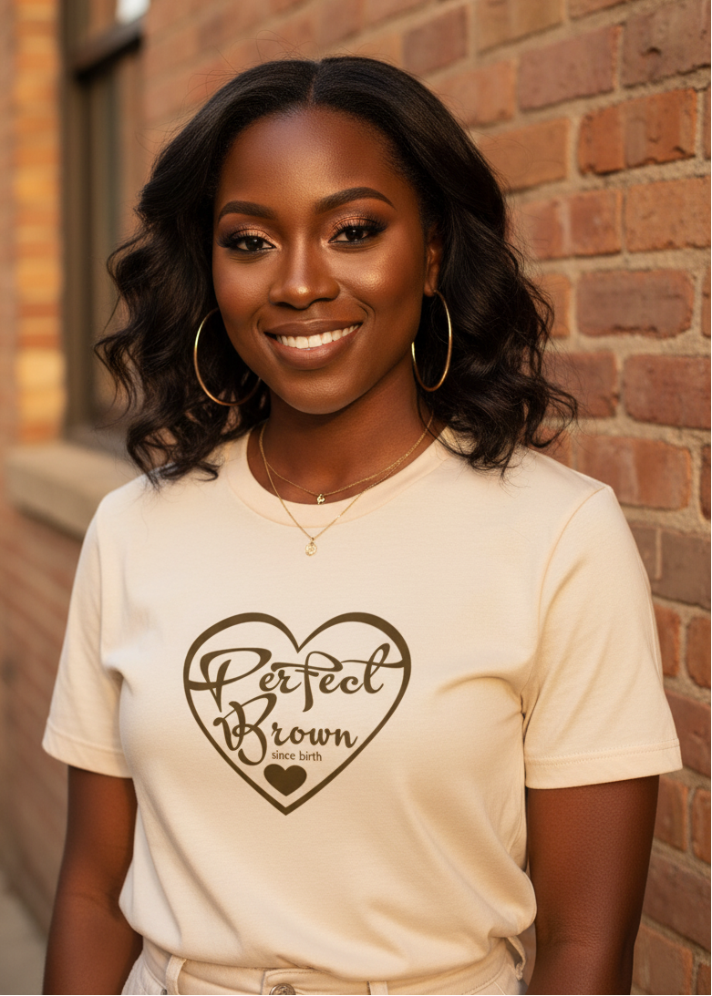 Perfect Brown Since Birth – Minimal Heart Logo Graphic T-Shirt
