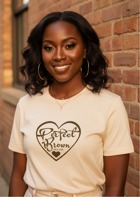 Perfect Brown Since Birth – Minimal Heart Logo Graphic T-Shirt