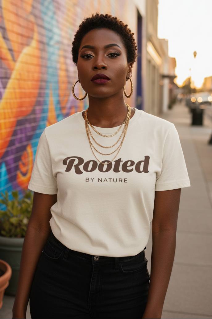 A woman wearing a cream-colored t-shirt with 'Rooted BY NATURE' printed in brown across the chest, paired with black jeans and layered gold necklaces, standing in front of a colorful city mural.