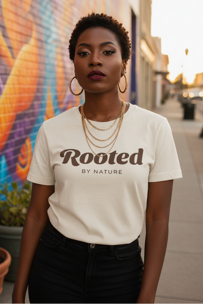 A woman wearing a cream-colored t-shirt with 'Rooted BY NATURE' printed in brown across the chest, paired with black jeans and layered gold necklaces, standing in front of a colorful city mural.