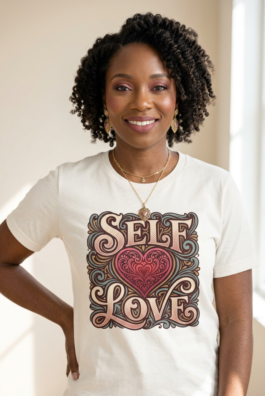 A smiling woman with curly dark hair wearing a cream-colored t-shirt with a retro-style graphic that reads 'SELF LOVE' in brown and pink tones around a central pink heart. She is standing indoors against a warm beige background.